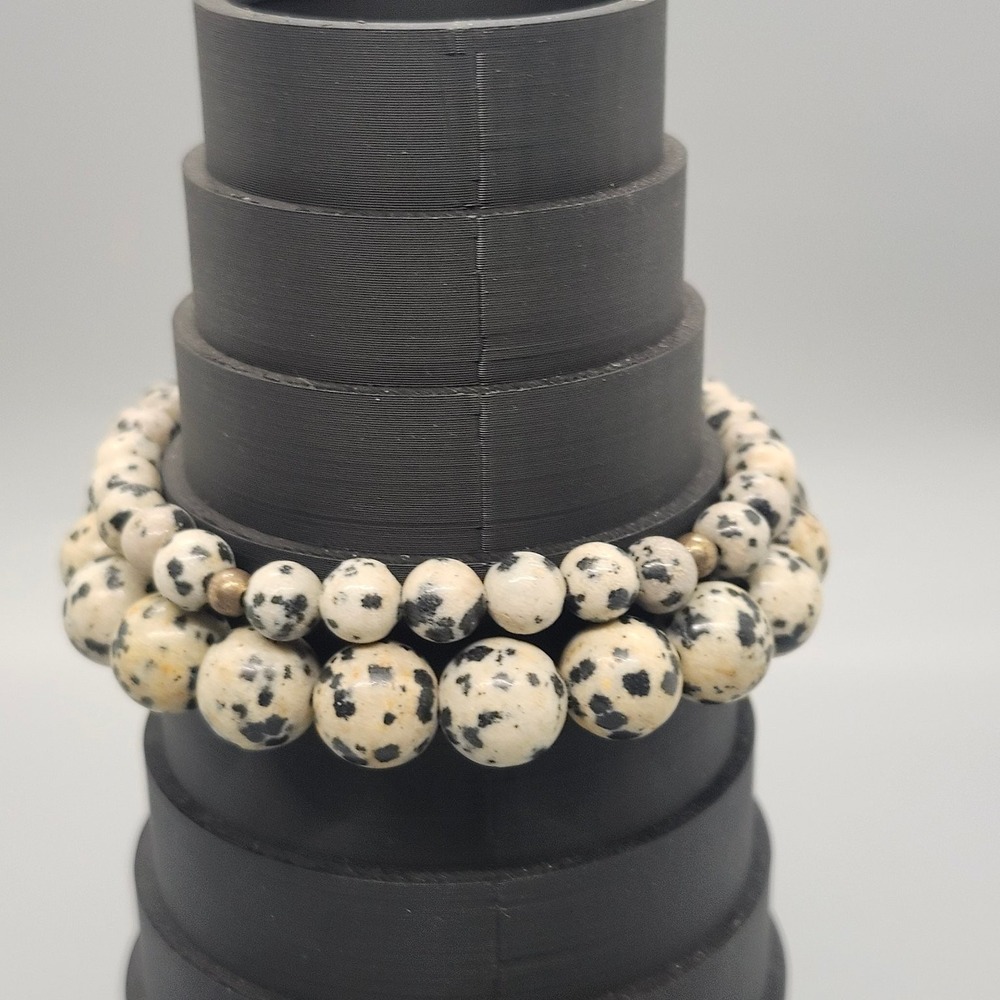 Dalmatian Jasper Beaded Stretch Bracelet Stack 6.5" Natural Stone Gemstone - Picture 2 of 3